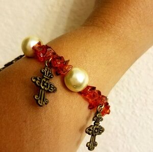 SALE!!! Orange Crackle Quartz Crystals Cross Charm Bracelet